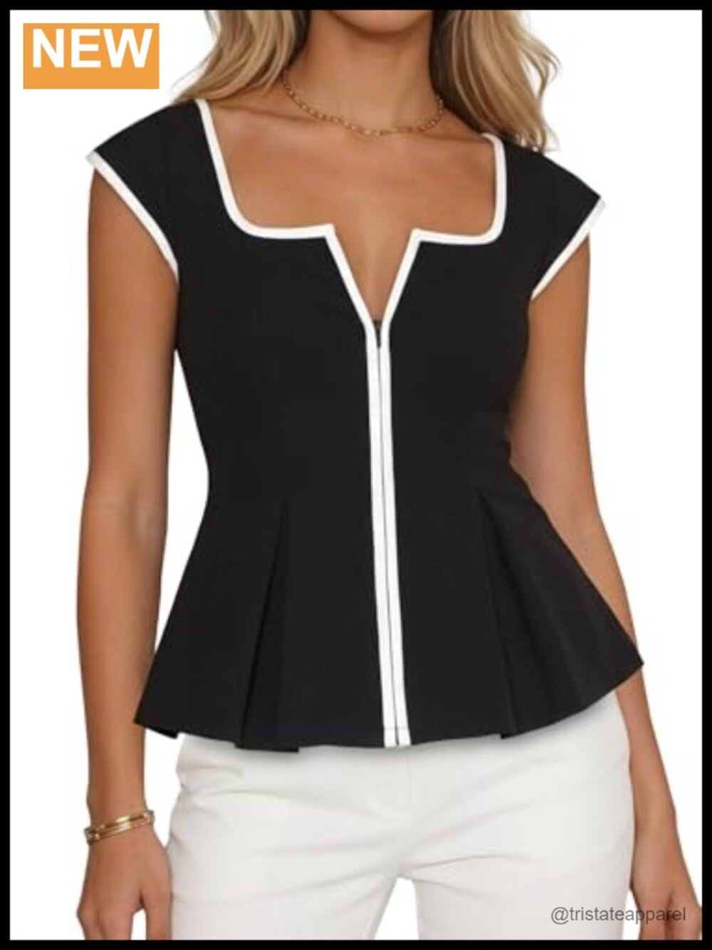 Peplum Zip-Up Blouse Square Neck Cap Sleeve Womens Summer Top